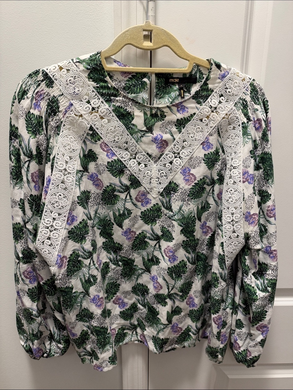 Maje White Floral Lace-Trim Puff Sleeve Blouse with Green and Lavender Print